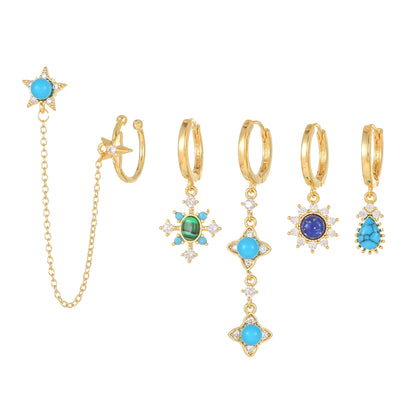 Casual Simple Style Pentagram Tassel Brass 18k Gold Plated Turquoise Zircon Earrings In Bulk