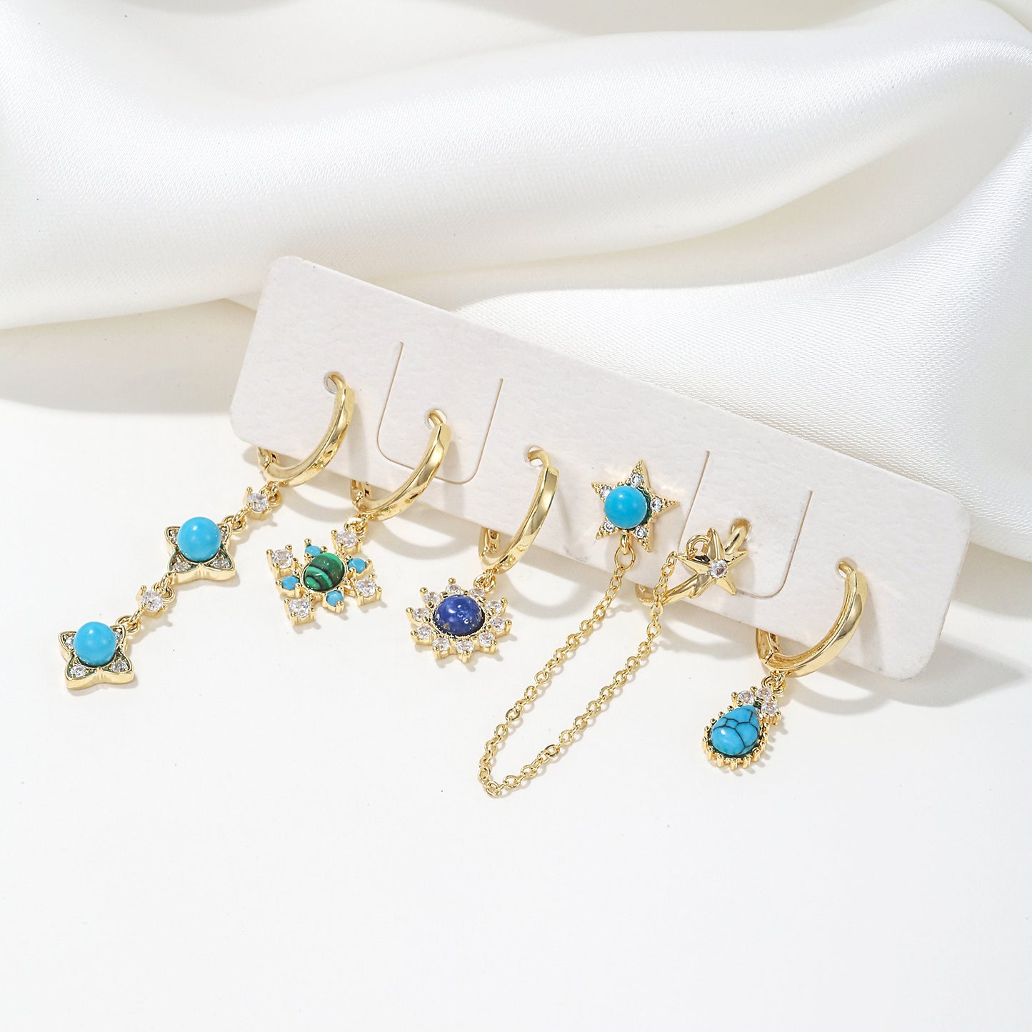 Casual Simple Style Pentagram Tassel Brass 18k Gold Plated Turquoise Zircon Earrings In Bulk