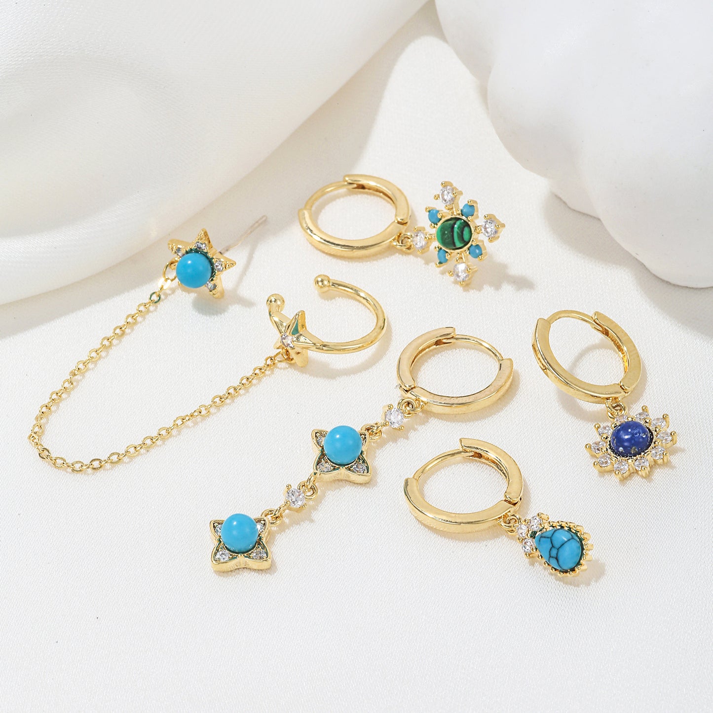Casual Simple Style Pentagram Tassel Brass 18k Gold Plated Turquoise Zircon Earrings In Bulk