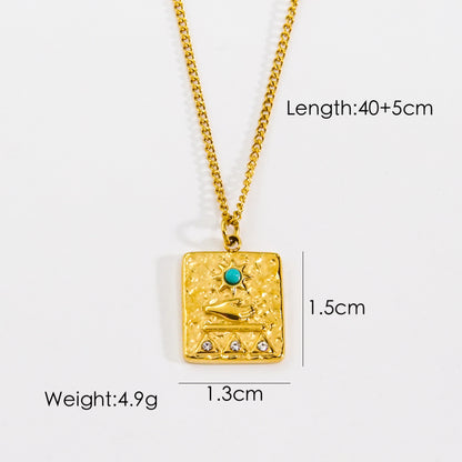 304 Stainless Steel 14K Gold Plated Retro Inlay Sun Square Oval Natural Stone Shell Zircon Pendant Necklace