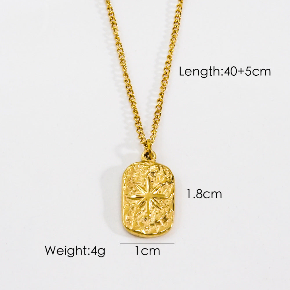 304 Stainless Steel 14K Gold Plated Retro Inlay Sun Square Oval Natural Stone Shell Zircon Pendant Necklace