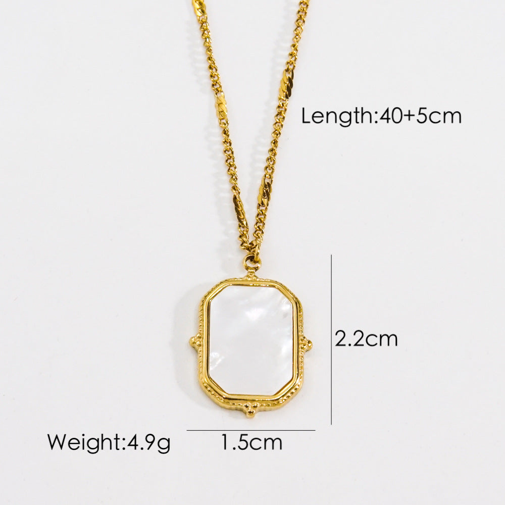 304 Stainless Steel 14K Gold Plated Retro Inlay Sun Square Oval Natural Stone Shell Zircon Pendant Necklace