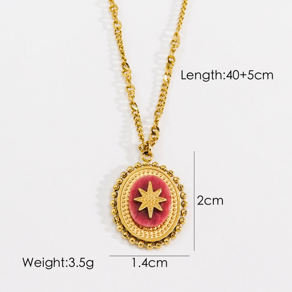 304 Stainless Steel 14K Gold Plated Retro Inlay Sun Square Oval Natural Stone Shell Zircon Pendant Necklace