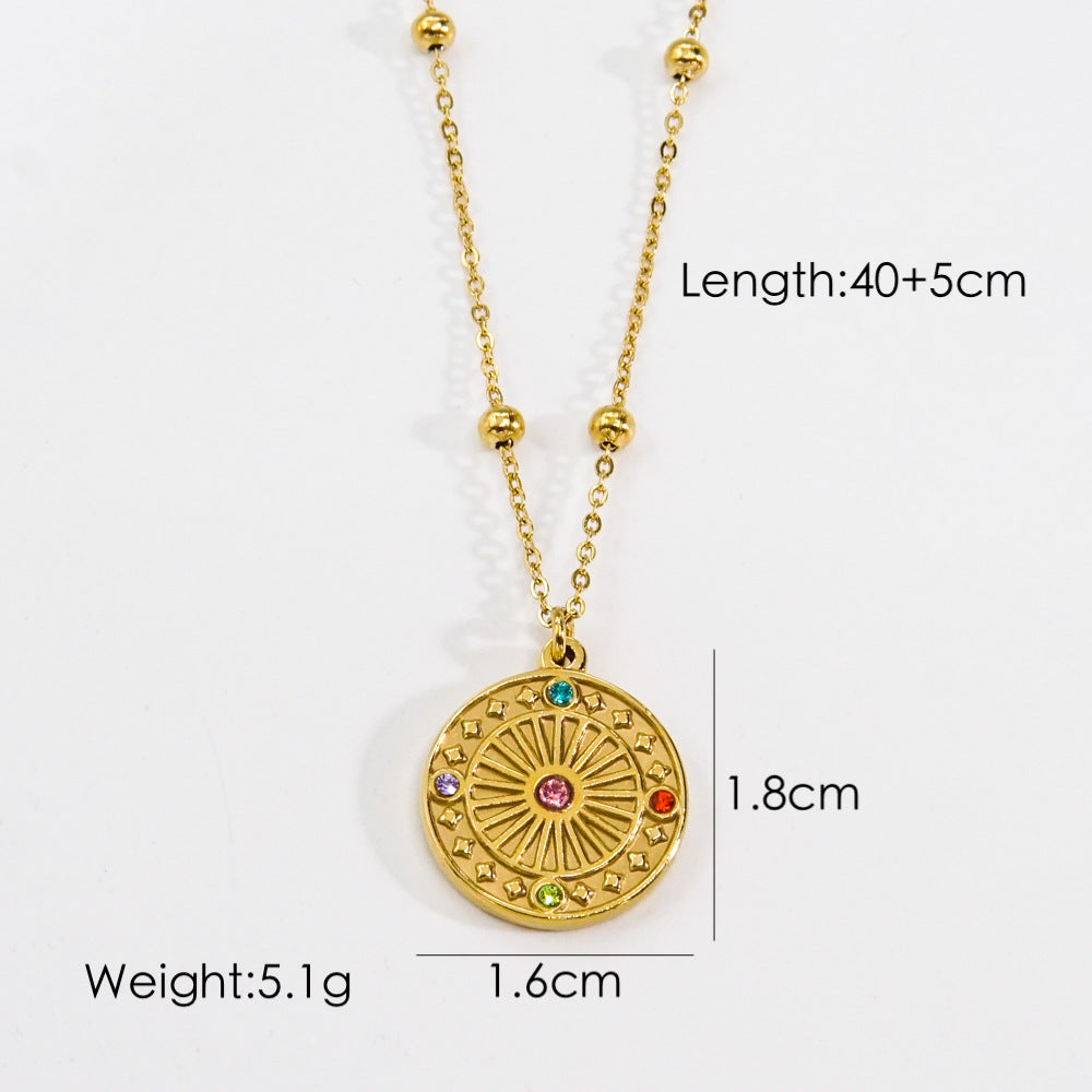 304 Stainless Steel 14K Gold Plated Retro Inlay Sun Square Oval Natural Stone Shell Zircon Pendant Necklace