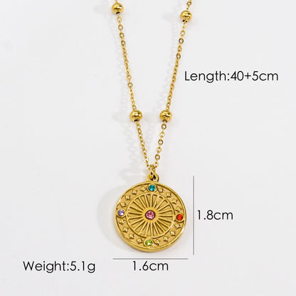 304 Stainless Steel 14K Gold Plated Retro Inlay Sun Square Oval Natural Stone Shell Zircon Pendant Necklace