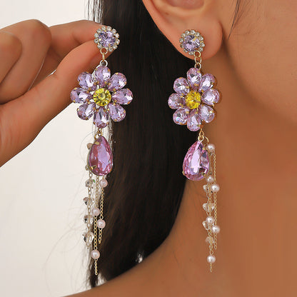 1 Pair Exaggerated Sweet Flower Plating Inlay Alloy Rhinestones Drop Earrings