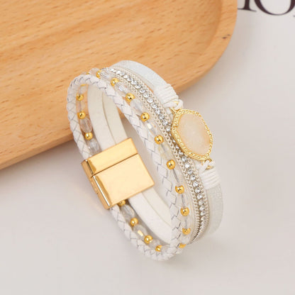 Simple Style Commute Hexagon Pu Leather Alloy Plating Braid Inlay Zircon Gold Plated Women's Bangle