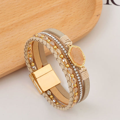 Simple Style Commute Hexagon Pu Leather Alloy Plating Braid Inlay Zircon Gold Plated Women's Bangle