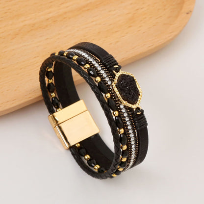 Simple Style Commute Hexagon Pu Leather Alloy Plating Braid Inlay Zircon Gold Plated Women's Bangle