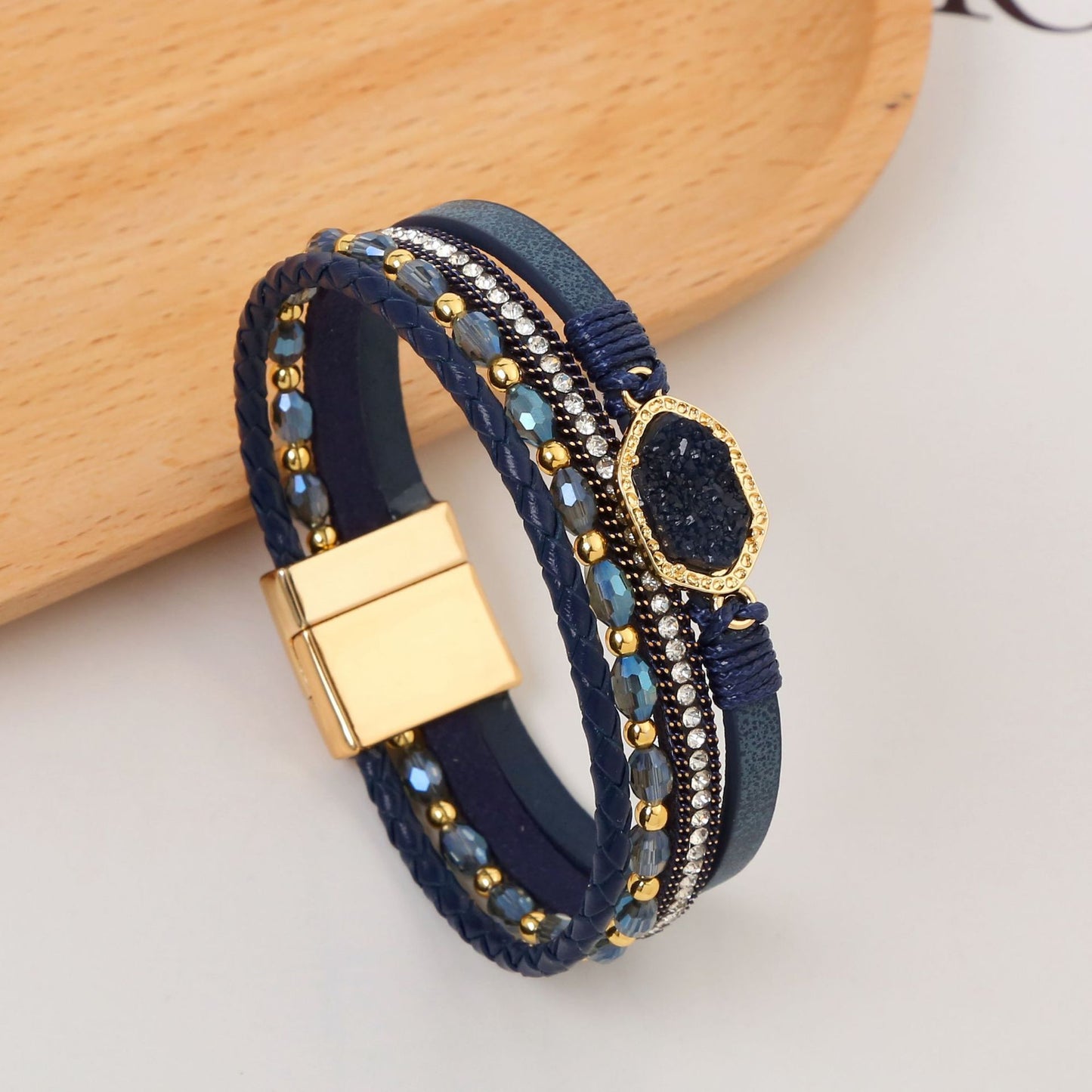 Simple Style Commute Hexagon Pu Leather Alloy Plating Braid Inlay Zircon Gold Plated Women's Bangle