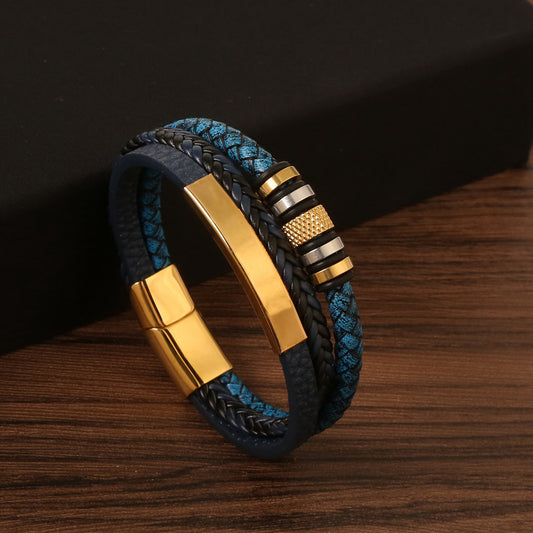 Casual Hip-hop Stripe Plaid Twist Stainless Steel Pu Leather Plating Magnetic Braid Gold Plated Bracelets Bangle