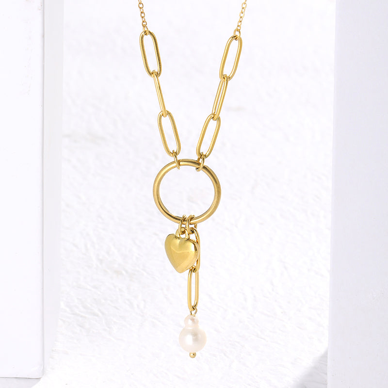 Casual Simple Style Heart Shape Solid Color Stainless Steel Pearl Plating 14k Gold Plated Pendant Necklace