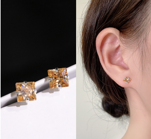 1 Pair Sweet Square Inlay Sterling Silver Zircon Ear Studs