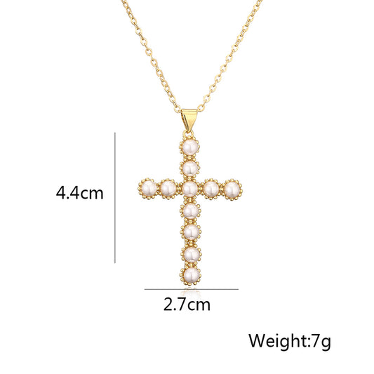 Simple Style Commute Cross Copper Plating Inlay Artificial Pearls 18k Gold Plated Pendant Necklace