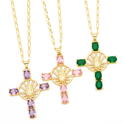 Retro Novelty Cross Virgin Mary Copper Plating Inlay Zircon 18k Gold Plated Pendant Necklace