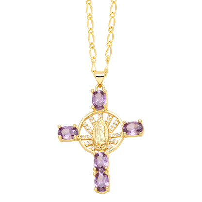 Retro Novelty Cross Virgin Mary Copper Plating Inlay Zircon 18k Gold Plated Pendant Necklace