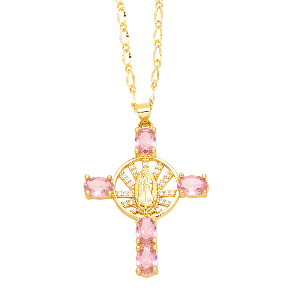 Retro Novelty Cross Virgin Mary Copper Plating Inlay Zircon 18k Gold Plated Pendant Necklace