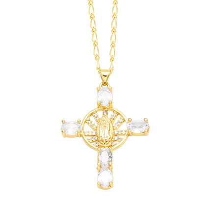 Retro Novelty Cross Virgin Mary Copper Plating Inlay Zircon 18k Gold Plated Pendant Necklace