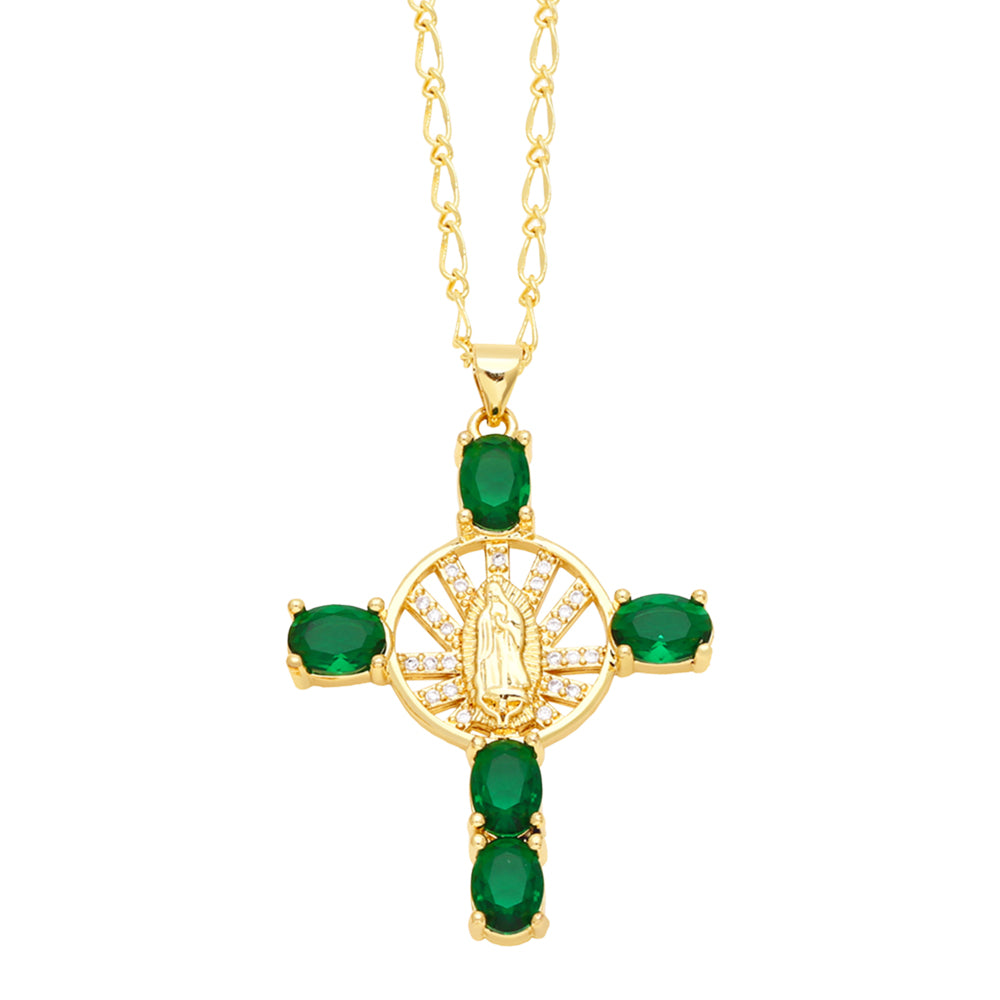 Retro Novelty Cross Virgin Mary Copper Plating Inlay Zircon 18k Gold Plated Pendant Necklace