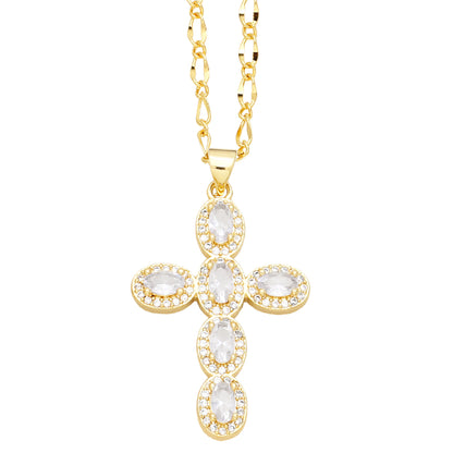 Vintage Style Cross Stainless Steel Copper Plating Inlay Zircon 18k Gold Plated Pendant Necklace