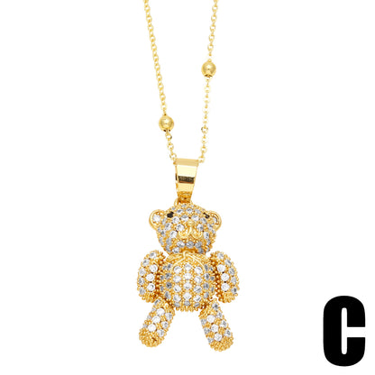 Cute Little Bear Stainless Steel Copper Plating Inlay Zircon 18k Gold Plated Pendant Necklace