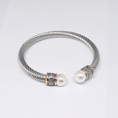 Retro C Shape Stainless Steel Inlay Natural Stone Pearl Twisted Cable Bracele