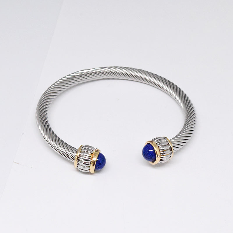 Retro C Shape Stainless Steel Inlay Natural Stone Pearl Twisted Cable Bracele