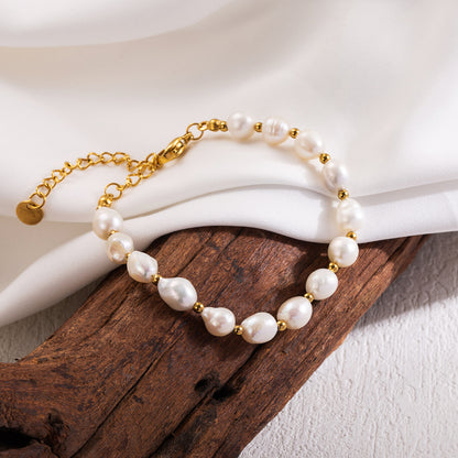 Vacation Sweet Solid Color Stainless Steel Beaded Freshwater Pearl 18k Gold Plated Bracelets