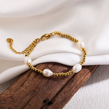 Vacation Sweet Solid Color Stainless Steel Beaded Freshwater Pearl 18k Gold Plated Bracelets