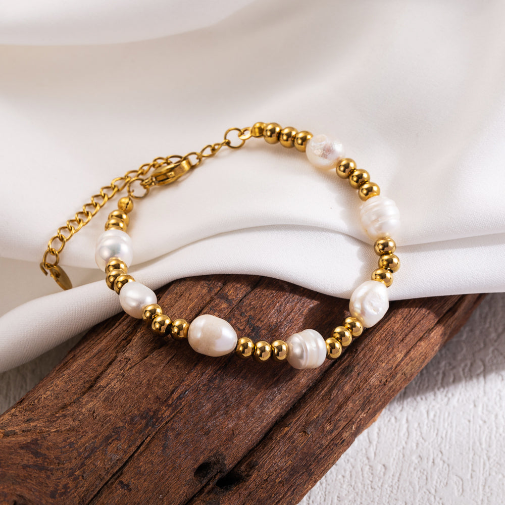 Vacation Sweet Solid Color Stainless Steel Beaded Freshwater Pearl 18k Gold Plated Bracelets