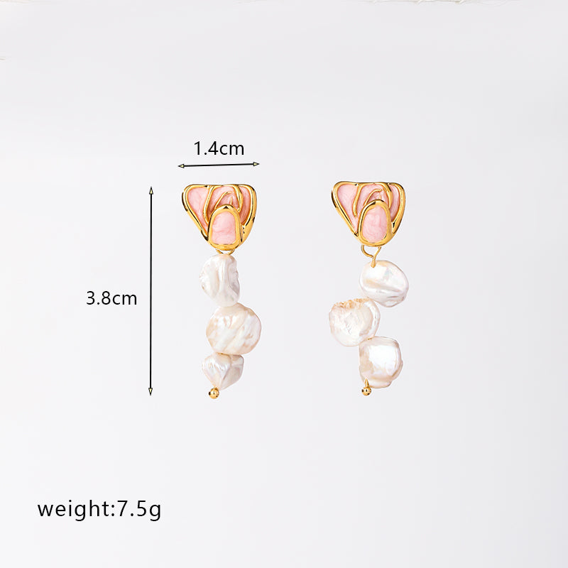 1 Pair Retro French Style Irregular Flower Enamel Plating Freshwater Pearl Copper 18k Gold Plated Drop Earrings