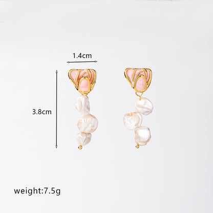 1 Pair Retro French Style Irregular Flower Enamel Plating Freshwater Pearl Copper 18k Gold Plated Drop Earrings