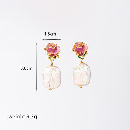 1 Pair Retro French Style Irregular Flower Enamel Plating Freshwater Pearl Copper 18k Gold Plated Drop Earrings