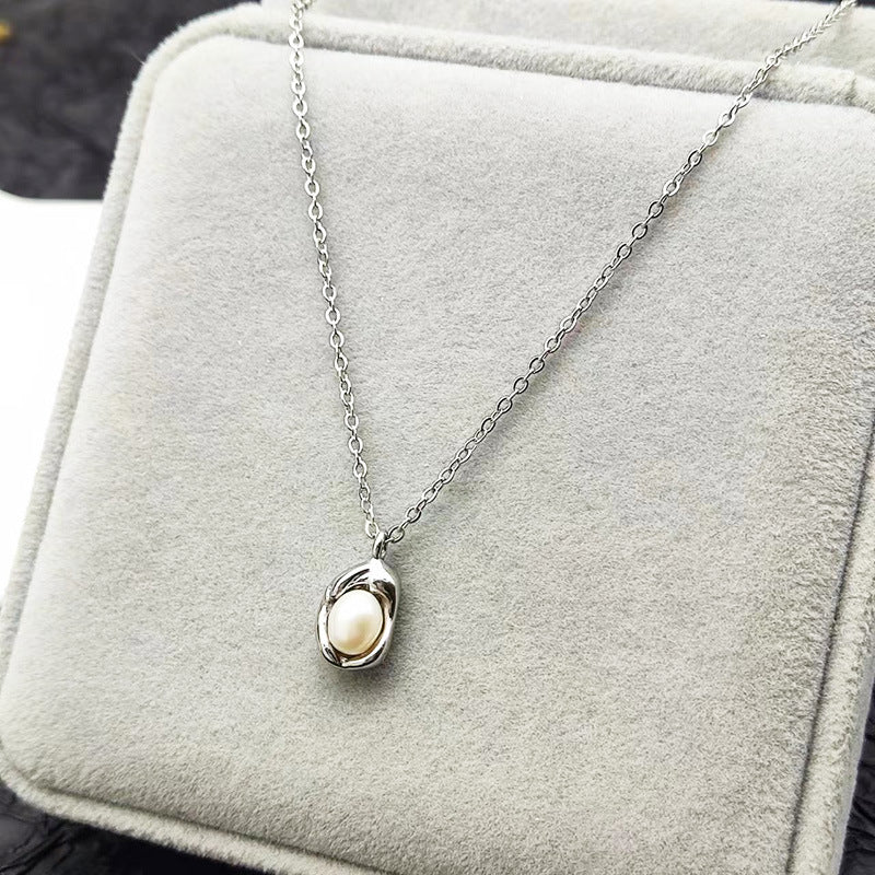 Lady Solid Color Titanium Steel Plating Inlay Freshwater Pearl Pendant Necklace