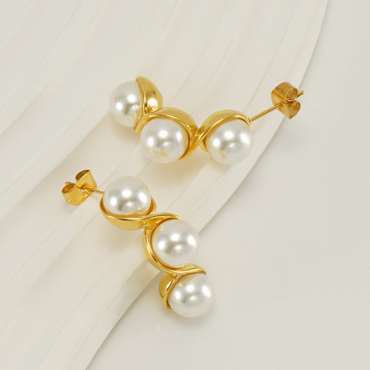 1 Pair Vintage Style Pea Polishing Plating Inlay Stainless Steel Pearl 18k Gold Plated Earrings
