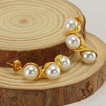 1 Pair Vintage Style Pea Polishing Plating Inlay Stainless Steel Pearl 18k Gold Plated Earrings