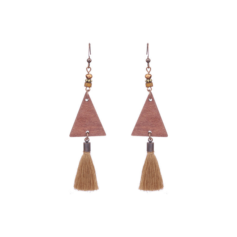 1 Pair Ethnic Style Geometric Water Droplets Tassel Wood Drop Earrings