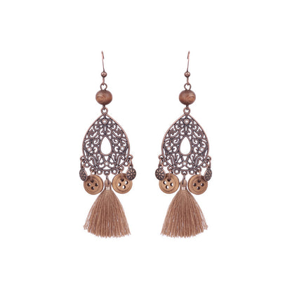 1 Pair Ethnic Style Geometric Water Droplets Tassel Wood Drop Earrings