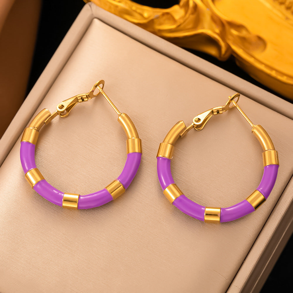 1 Pair Elegant Round Enamel Plating Titanium Steel 18k Gold Plated Hoop Earrings