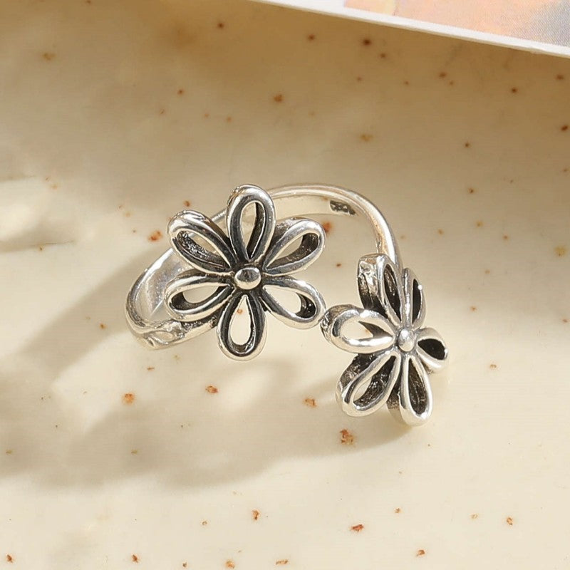 Vintage Style Flower Copper Asymmetrical Open Rings