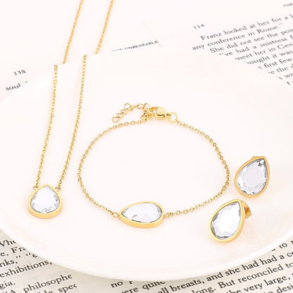 Streetwear Shiny Water Droplets Titanium Steel Plating Inlay Glass 18k Gold Plated Jewelry Set