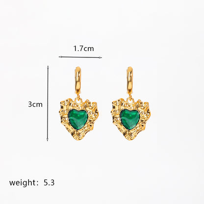 1 Pair Elegant Retro Oval Heart Shape Enamel Plating Inlay Copper Natural Stone Malachite Shell 18k Gold Plated Drop Earrings