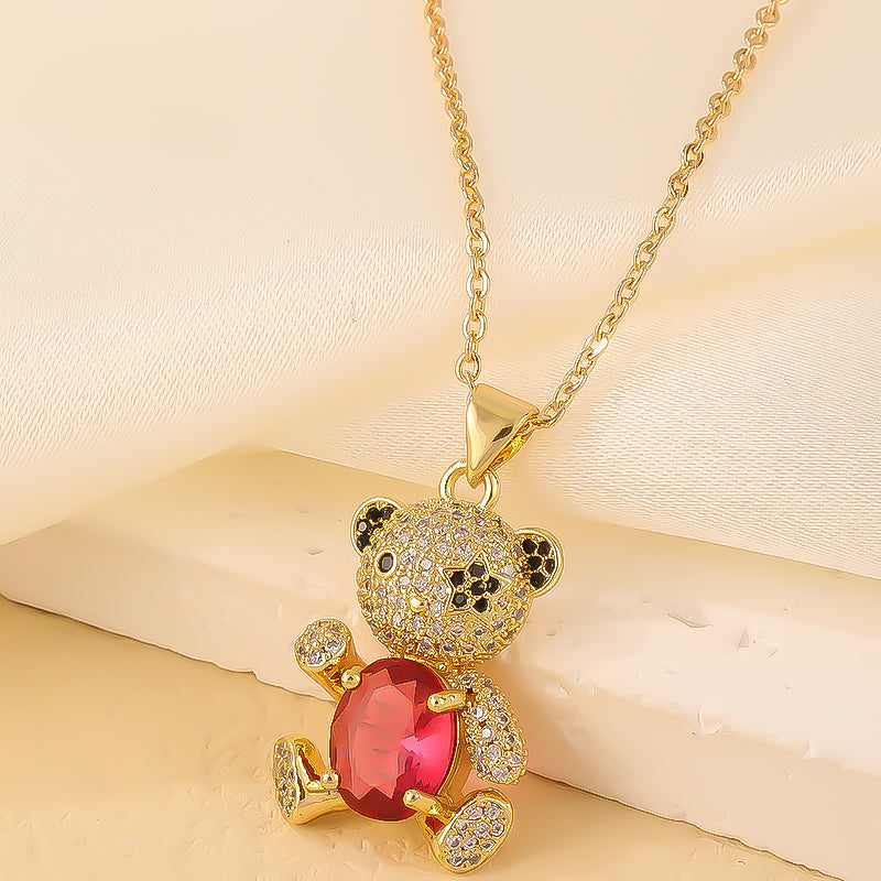 Cute Sweet Little Bear Copper Gold Plated Zircon Pendant Necklace In Bulk