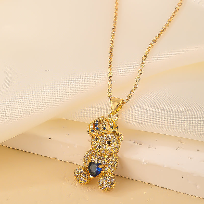 Cute Sweet Little Bear Copper Gold Plated Zircon Pendant Necklace In Bulk