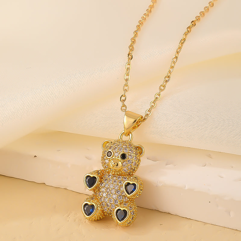 Cute Sweet Little Bear Copper Gold Plated Zircon Pendant Necklace In Bulk