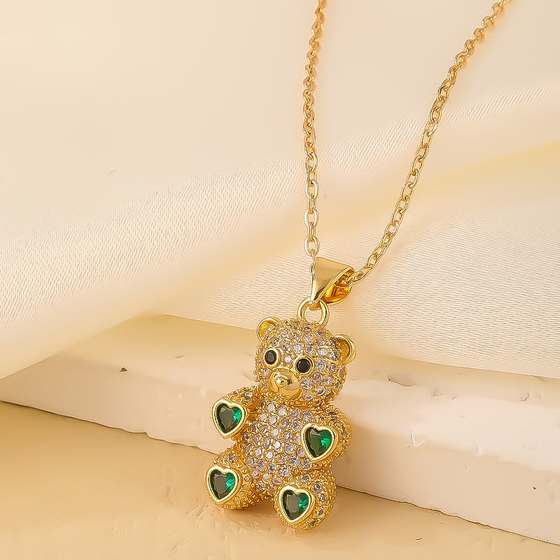 Cute Sweet Little Bear Copper Gold Plated Zircon Pendant Necklace In Bulk