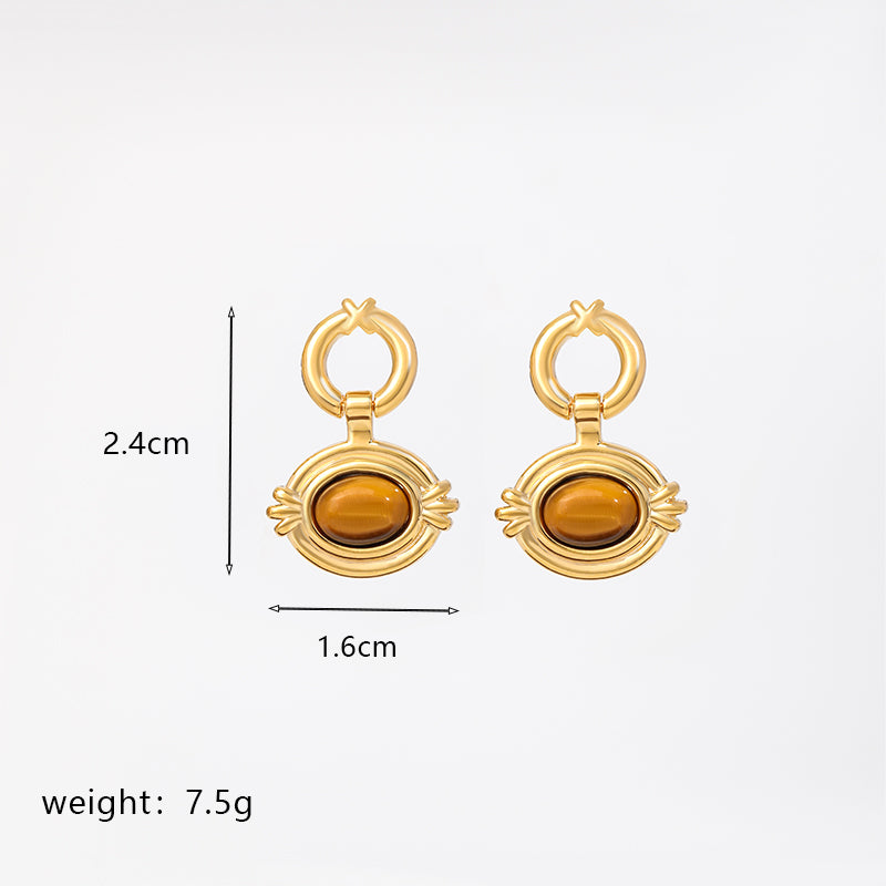 1 Pair Retro Commute Round Plating Inlay Copper Natural Stone Agate 18k Gold Plated Earrings