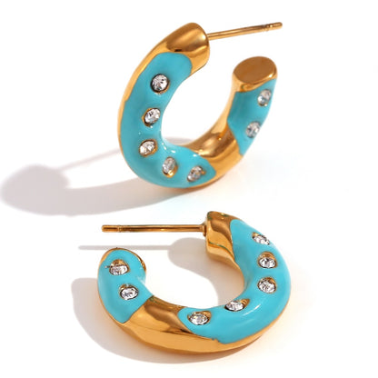 1 Pair Sweet Classic Style C Shape Enamel Plating Inlay Stainless Steel Rhinestones 18k Gold Plated Ear Studs