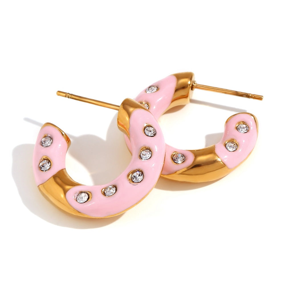 1 Pair Sweet Classic Style C Shape Enamel Plating Inlay Stainless Steel Rhinestones 18k Gold Plated Ear Studs