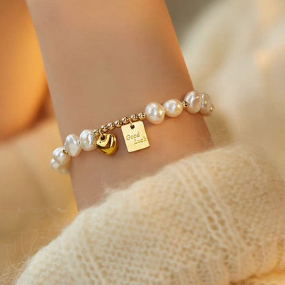 Elegant Retro Letter Heart Shape Freshwater Pearl Mixed Materials Bracelets In Bulk